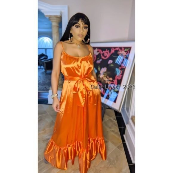 Callie Shining: Boho Chic Orange Satin Loose Ruffle Hem Cami Strap Maxi Dress - Picture 3 of 17